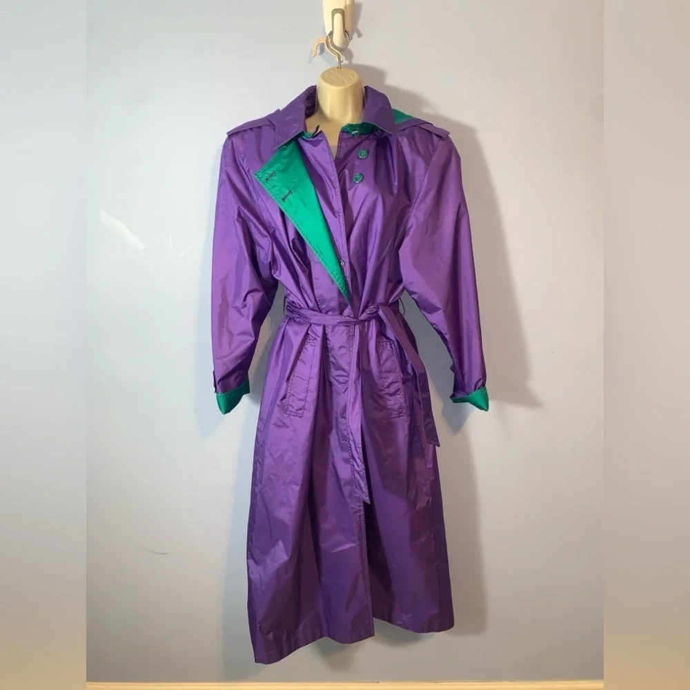 J. Gallery Purple and Teal long double breasted trench coat vintage 80’s size 12